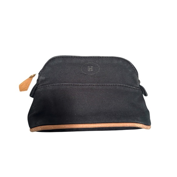 HERMES BLACK CANVAS AND BROWN LEATHER CLUTCH POUCH - Picture 1 of 7